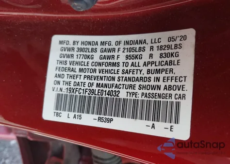 2020 Honda Civic Ex from USA, damaged, VIN 19XFC1F39LE014032